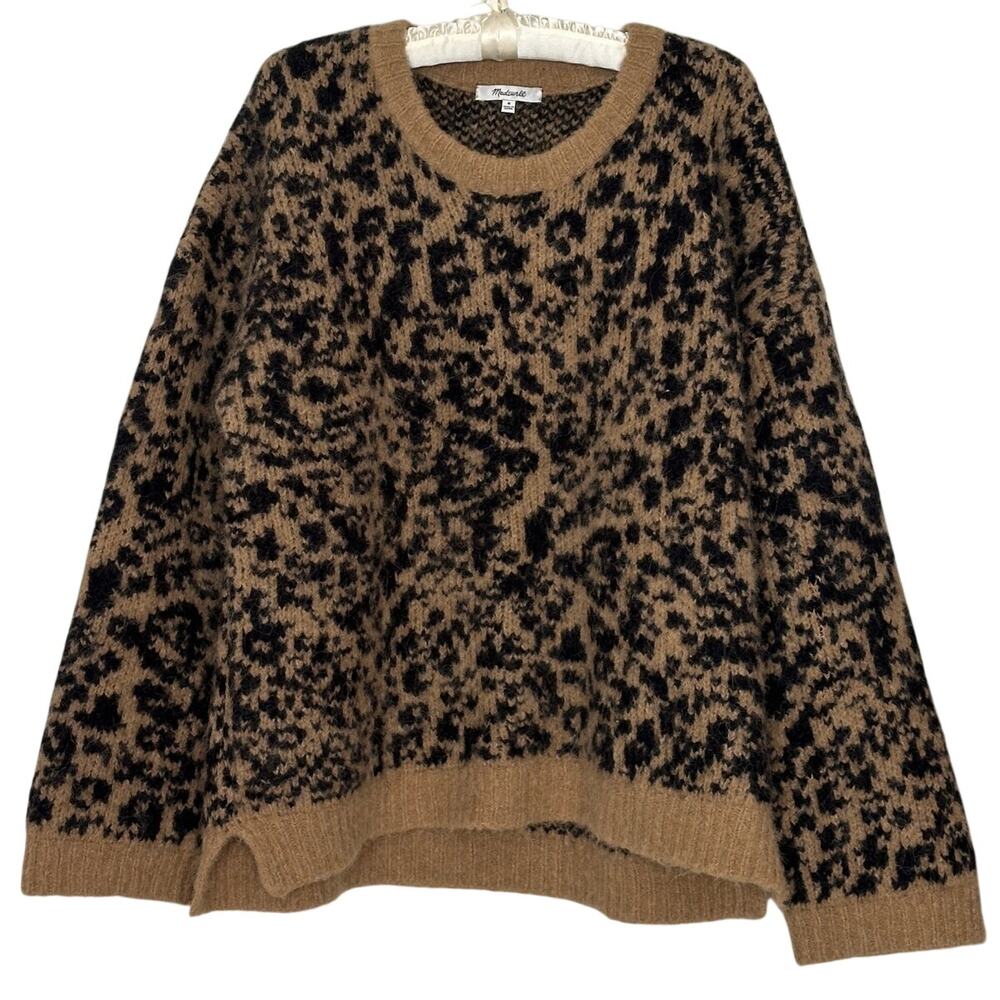 Madewell Medium Alpaca Merino Wool Womens Knit Oversized Sweater Leopard Print